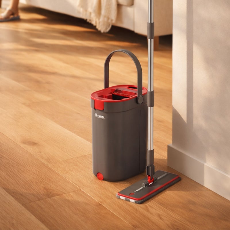 HOMEPRO AquaPuro Flat Mop System with Bucket & 2 Refill Pads, Lightweight Design, 135cm Handle, Microfiber Flat Mop for Efficient Floor Cleaning (Grey/Red) - Image 5